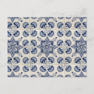 Blau-weißes geometrisches Blumenmuster im Vintage- Feiertagspostkarte