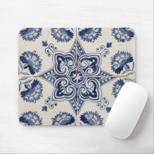 Blau-weißes geometrisches Blumenmuster im Vintage- Mousepad