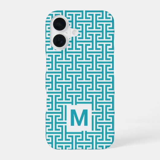 Blau-weißes geometrisches Muster Monogramm iPhone 16 Hülle (Rückseite)
