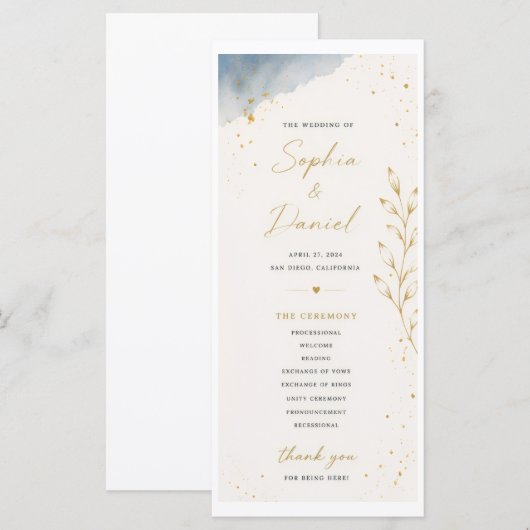 Blau-weißes Hochzeitsprogramm mit Blättern Programm (Vorne/Hinten)