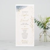 Blau-weißes Hochzeitsprogramm mit Blättern Programm (Stehend Vorderseite)