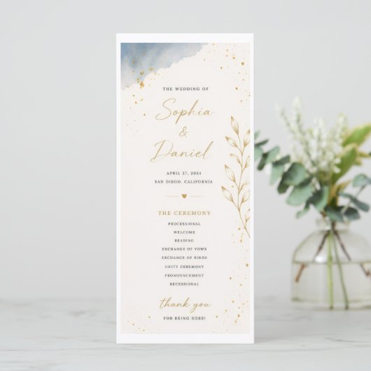 Blau-weißes Hochzeitsprogramm mit Blättern Programm (Stehend Vorderseite)