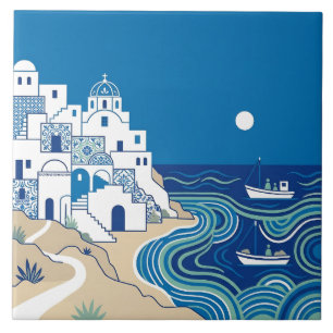 Blau-weißes mediterranes Dorf und Seelandschaft Fliese