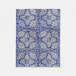 Blau-weißes mediterranes Vintage-Blumenmuster Fleecedecke