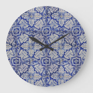 Blau-weißes mediterranes Vintage-Blumenmuster Große Wanduhr