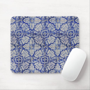 Blau-weißes mediterranes Vintage-Blumenmuster Mousepad