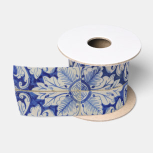 Blau-weißes mediterranes Vintage-Blumenmuster Satinband