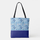 Blau-weißes rautenförmiges Patchwork-Farbenblock Tasche (Rückseite)