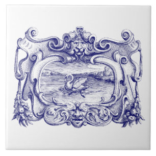 Blau-weißes Scroll-Kartusche mit Schwan Fliese