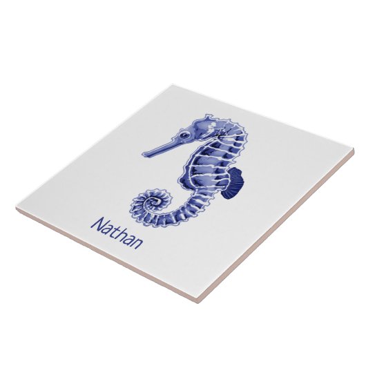 Blau-weißes Seepferd mit Keramik Fliese (Seite)