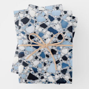 Blau-weißes Terrazzo-Mosaikmuster  Geschenkpapier Set