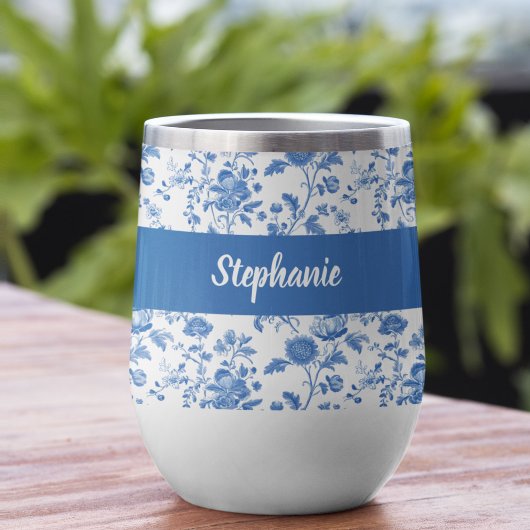 Blau-weißes vintage-blumenmonogramm name