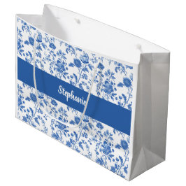 Blau-weißes Vintage-Blumenmonogramm Name Große Geschenktüte