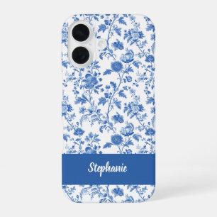Blau-weißes vintage-blumenmonogramm Name iPhone 16 Hülle