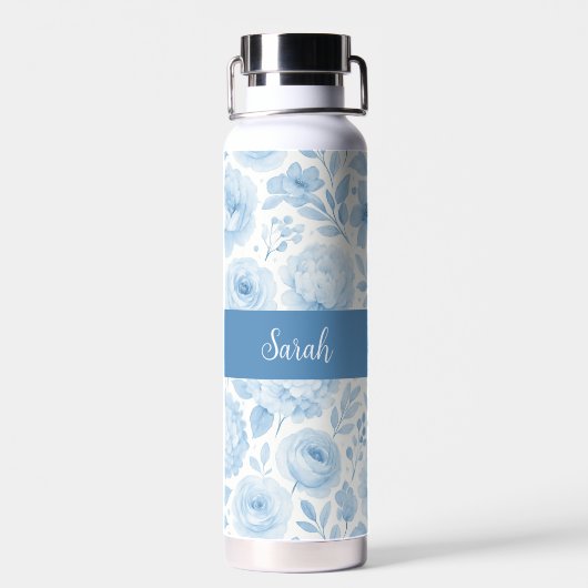 Blau-weißes Wasserfarben-Blumenmonogramm-Name Trinkflasche (Rückseite)