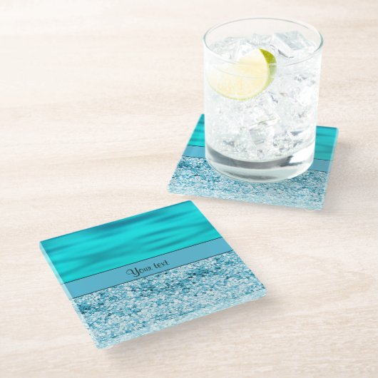 Blau-Wellen u. Glitzer Glasuntersetzer (Schrägansicht)