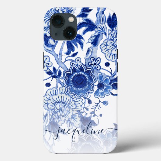 Blau White Chinoiserie Asian Floral Script Name Case-Mate iPhone Hülle (Rückseite)
