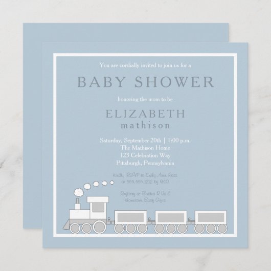 Blau | White Choo Choo Train Boy Baby Dusche Einladung (Vorne/Hinten)
