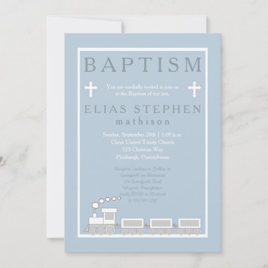 Blau | White Choo Choo Train Boy Taufen Einladung (Vorderseite)