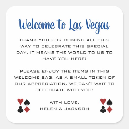 Blau Willkommen in Las Vegas Wedding Willkommensko Quadratischer Aufkleber (Vorderseite)