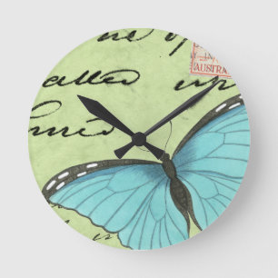 Blau-Winged Schmetterling auf aquamariner Runde Wanduhr