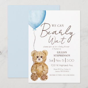 Blau, wir können es kaum erwarten, Junge Babyparty Einladung