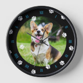 Blau Zahlen Weiße Paws Schwarzer Rahmen Hund Foto Uhr (Vorderseite)
