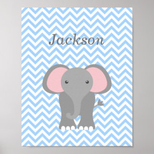 Blau Zickzack Elephant Personalisiertes Kinderzimm Poster