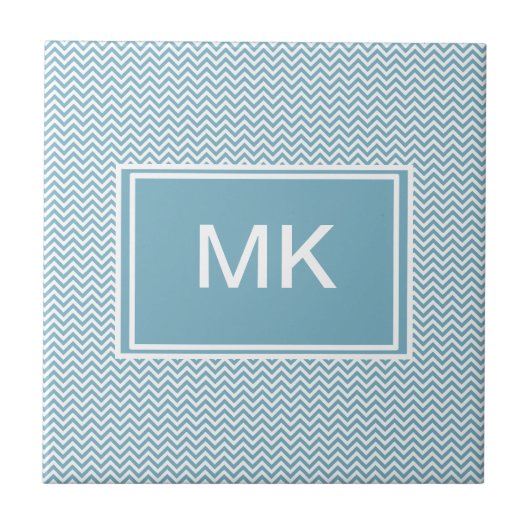 Blau Zickzack mit Monogramm Fliese (Vorderseite)