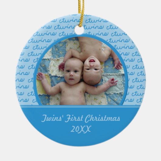 Blau-Zwillings-erste Weihnachtsverzierung Keramik Ornament (Vorne)
