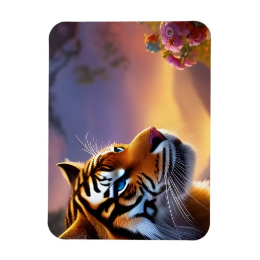 Blauäugiger Tiger und rosa Blumen Magnet (Vertikal)