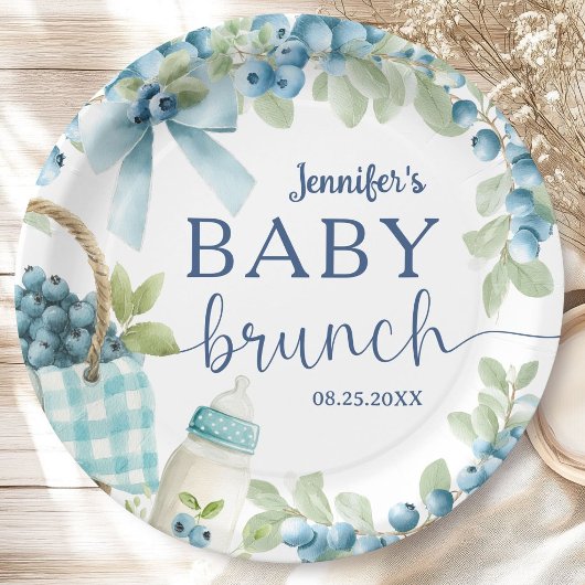 Blaubeer-Baby-Shower-Brunch-Bögen und Flaschen Jun Pappteller