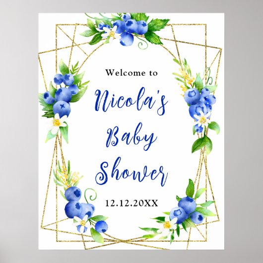 Blaubeer-Blumen-Baby-Shower-Willkommen Poster (Vorne)