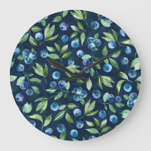 Blaubeer-Wasserfarb-Hintergrundmuster dunkel Große Wanduhr
