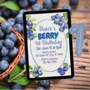 Blaubeere 1. Geburtstag Wasserfarbe Einladung