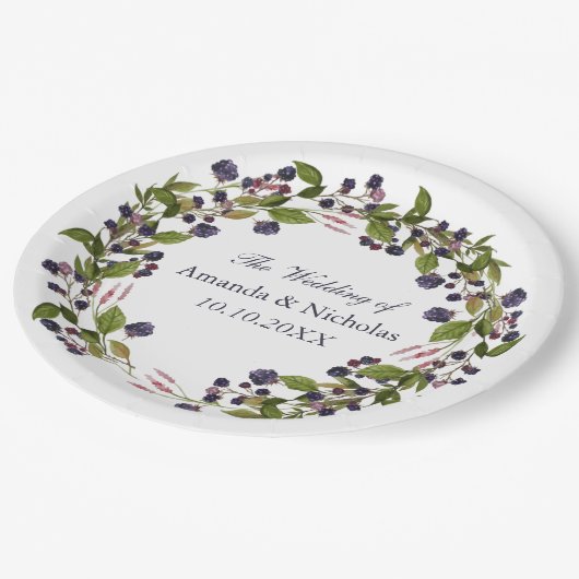 Blaubeere | Rustikale Trauung personalisiert Pappteller (Schrägansicht)