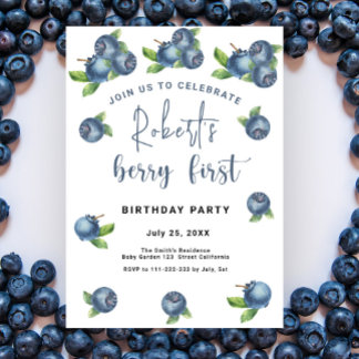 Blaubeeren 1. Geburtstags-Party | Berry First Einladung