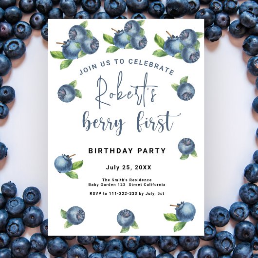 Blaubeeren 1. Geburtstags-Party | Berry First Einladung