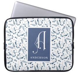 Blaubeeren & Blatt Muster Monogramm, Nachname Laptopschutzhülle