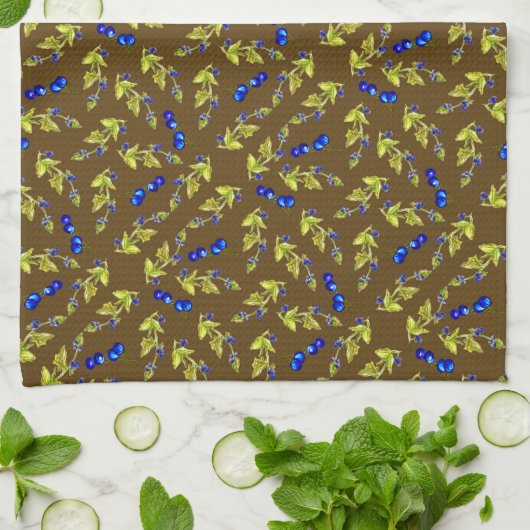 Blaubeeren - Blätter, braun, dunkel Geschirrtuch (Gefaltet)