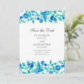 Blaubeeren im Wasser. Blaue Hochzeit Save The Date (Stehend Vorderseite)