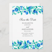 Blaubeeren im Wasser. Blaue Hochzeit Save The Date (Vorne/Hinten)