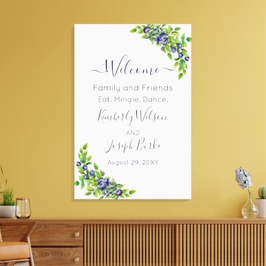 Blaubeeren in Aquarellfarben - Blauer botanischer Leinwanddruck (Insitu (Wohnzimmer))