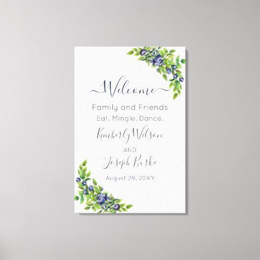 Blaubeeren in Aquarellfarben - Blauer botanischer Leinwanddruck (Vorderseite)