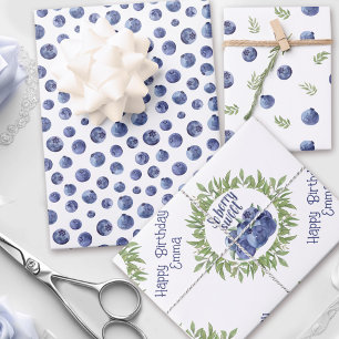 Blaubeeren-Muster in personalisierten Wasserfarben Geschenkpapier Set
