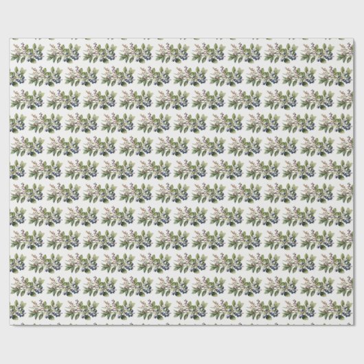 Blaubeeren und Blüten in Weiß Geschenkpapier (Flach)