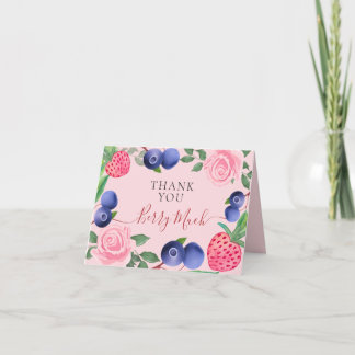 Blaubeeren und Erdbeeren Rahmen mit rosa Rosen Dankeskarte