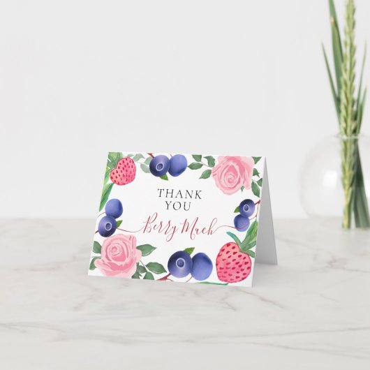 Blaubeeren und Erdbeeren Rahmen mit rosa Rosen Dankeskarte (Vorderseite)