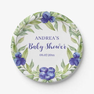Blaubeeren und Grünpflanzen Baby Shower Papier Pappteller