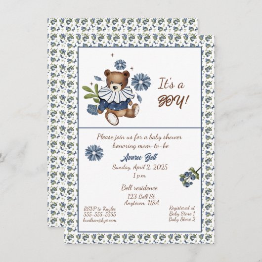 Blaubeeren und Teddy Bear Es ist ein Junge! Dusche Einladung (Vorne/Hinten)